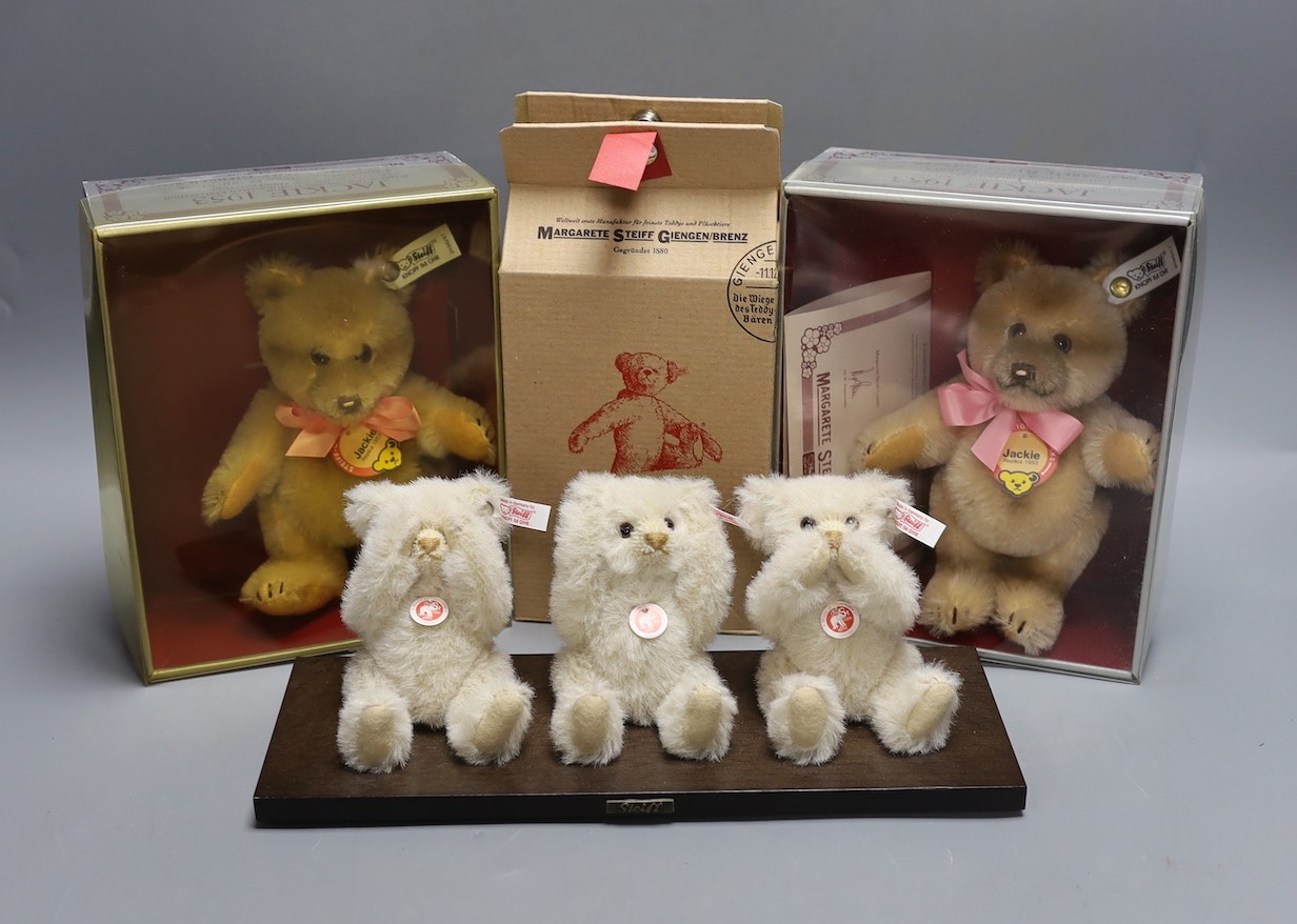 White label, three white bears on base 'See no evil' etc., a white label Jackie Bear, box/cert. 15cm, a white label Jackie Box No. Cert. and a yellow label miniature 12cm box/cert.